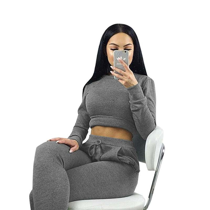 Women Two Piece Outfits Pants Set Rompers Jumpsuit Long Pants 2 Piece Set army green o neck Crop Tops Bodycon Palysuit gray - CelebritystyleFashion.com.au online clothing shop australia