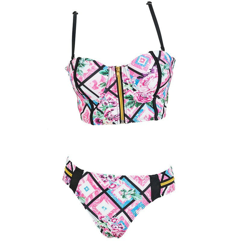 Summer Swimwear Floral Printed Zipper Bikini Brazilian Sexy Low Waist Women Push Up Bathing Suit Beachwear - CelebritystyleFashion.com.au online clothing shop australia