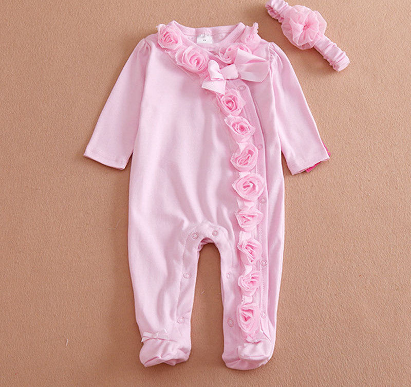 Newborn Baby Girl Clothes Bow/Flowers Romper Clothing Set Jumpsuit & Headband 2 PC Cute Infant Cirls Rompers - CelebritystyleFashion.com.au online clothing shop australia