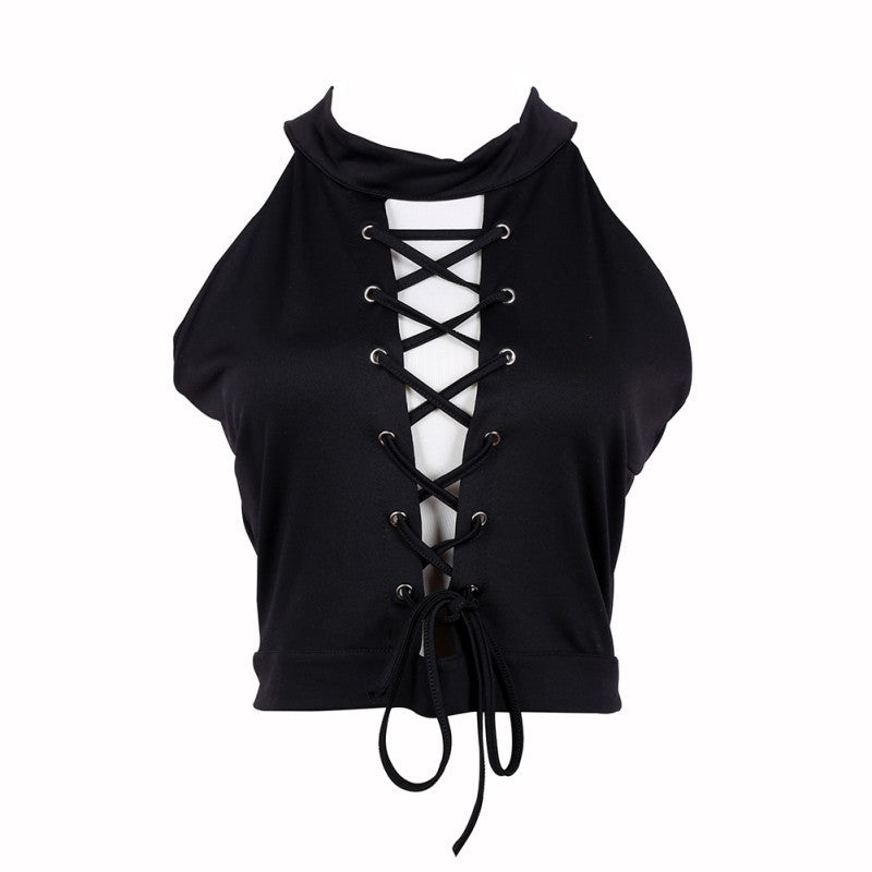 Lace Up Tie Front Stretch Crop Tops Sexy Women Bandage Shirt Seeveless Womens Halter Ladies Shirts Clothes - CelebritystyleFashion.com.au online clothing shop australia