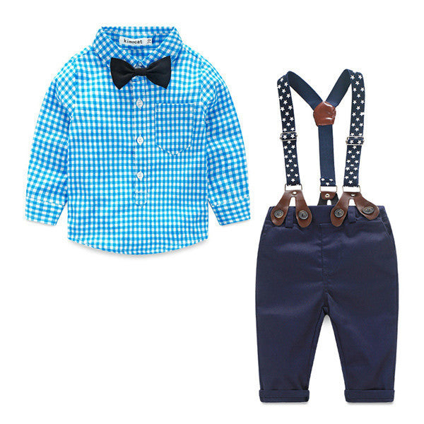Baby Boy Clothes Spring New Brand Gentleman Plaid Clothing Suit For Newborn Baby Bow Tie Shirt + Suspender Trousers FF032 - CelebritystyleFashion.com.au online clothing shop australia