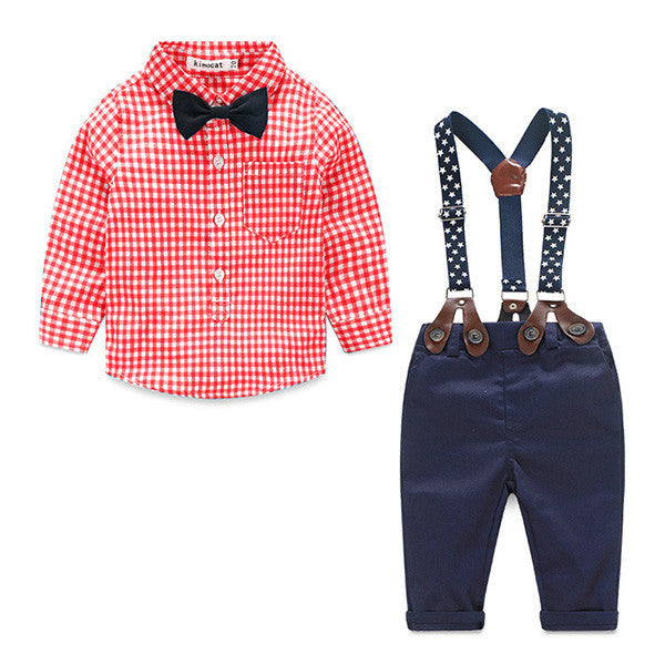 Baby Boy Clothes Spring New Brand Gentleman Plaid Clothing Suit For Newborn Baby Bow Tie Shirt + Suspender Trousers FF032 - CelebritystyleFashion.com.au online clothing shop australia