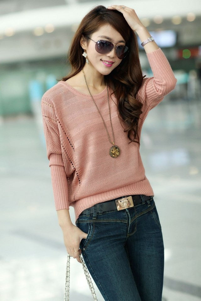 New Fashion Women Solid Hollow Out Batwing Sleeve Sweater Casual Loose Knitted Pullover Female Autumn Jumper LY137 - CelebritystyleFashion.com.au online clothing shop australia