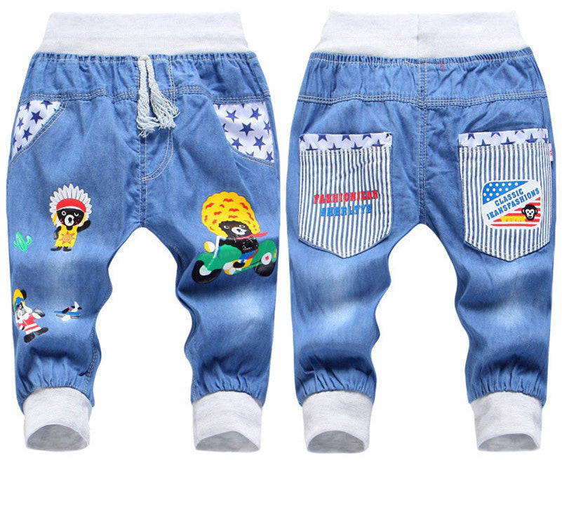 New Kids Jeans Elastic Waist Straight Bear Pattern Denim Seventh Pants Retail Boy Jeans For 2-5 Years WB142 - CelebritystyleFashion.com.au online clothing shop australia