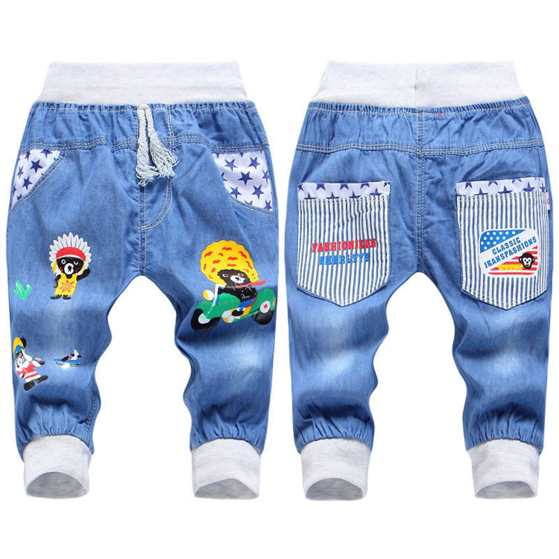 New Kids Jeans Elastic Waist Straight Bear Pattern Denim Seventh Pants Retail Boy Jeans For 2-5 Years WB142 - CelebritystyleFashion.com.au online clothing shop australia