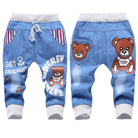 New Kids Jeans Elastic Waist Straight Bear Pattern Denim Seventh Pants Retail Boy Jeans For 2-5 Years WB142 - CelebritystyleFashion.com.au online clothing shop australia