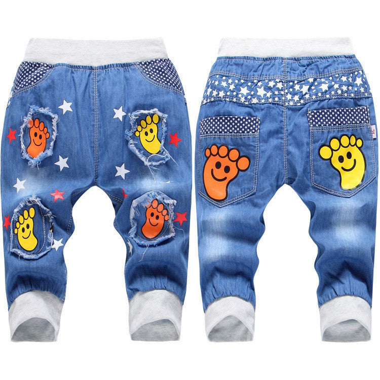 New Kids Jeans Elastic Waist Straight Bear Pattern Denim Seventh Pants Retail Boy Jeans For 2-5 Years WB142 - CelebritystyleFashion.com.au online clothing shop australia
