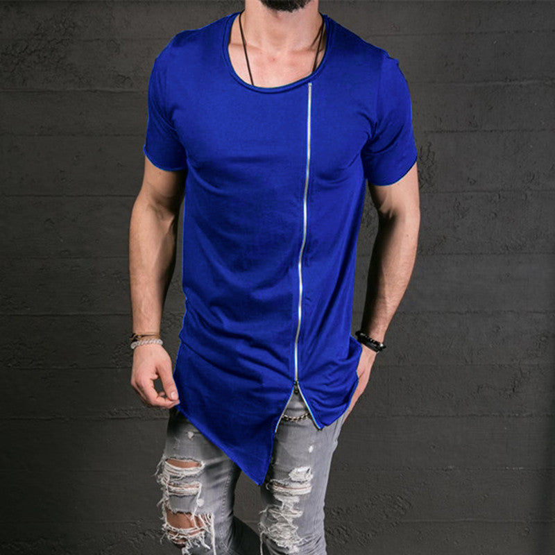 Men's Fashion Show Stylish Long T shirt Asymmetrical Side Zipper Big Neck Short Sleeve T-Shirt Tees - CelebritystyleFashion.com.au online clothing shop australia