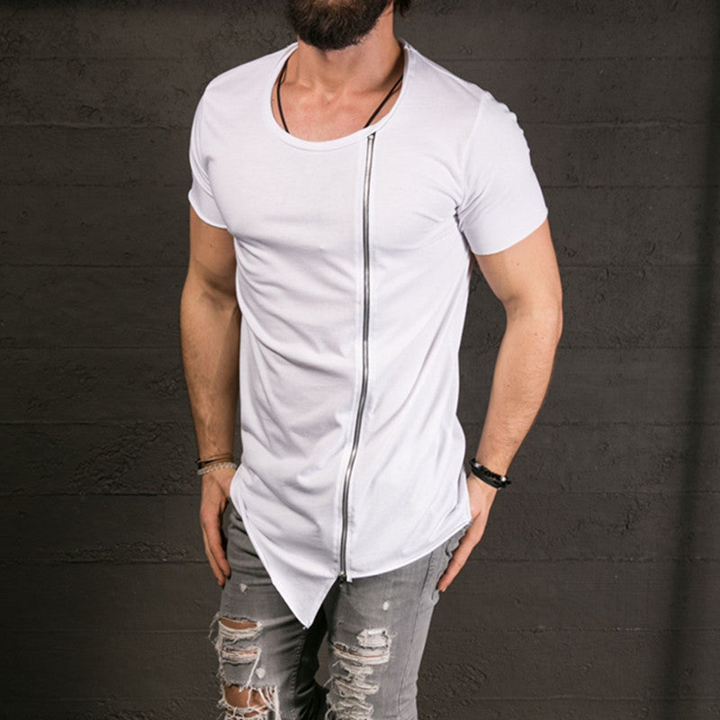 Men's Fashion Show Stylish Long T shirt Asymmetrical Side Zipper Big Neck Short Sleeve T-Shirt Tees - CelebritystyleFashion.com.au online clothing shop australia
