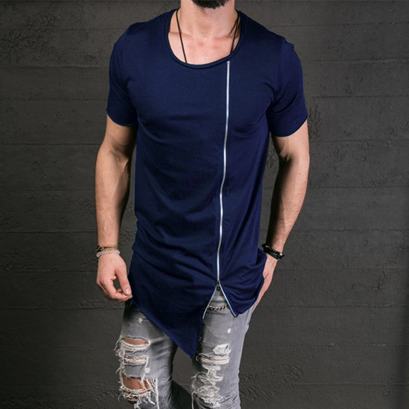 Men's Fashion Show Stylish Long T shirt Asymmetrical Side Zipper Big Neck Short Sleeve T-Shirt Tees - CelebritystyleFashion.com.au online clothing shop australia