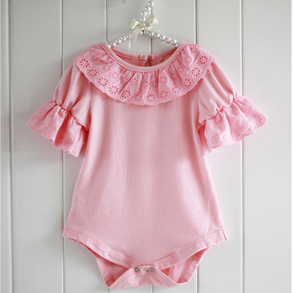 Kid Baby Ruffled Lace Collar Bodysuit Romper Pink Short-Sleeved Shirt Jumpsuit - CelebritystyleFashion.com.au online clothing shop australia