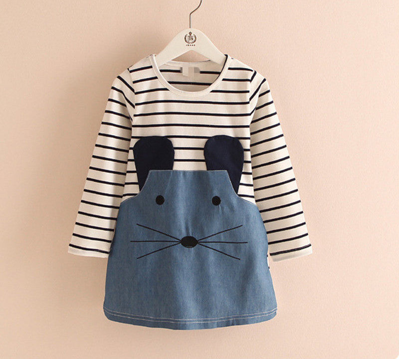 Striped Patchwork Character Girl Dresses Long Sleeve Cute Mouse Children Clothing Kids Girls Dress Denim Kids Clothes Girls - CelebritystyleFashion.com.au online clothing shop australia