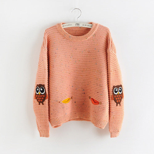 womens fashion winter autumn o-neck collar new owl character with pocket hit color solid loose cashmere sweater pullovers - CelebritystyleFashion.com.au online clothing shop australia
