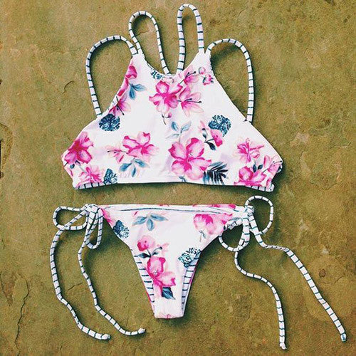 Women Print Floral Bikini Set Halter crop top hang High neck Bikinis set push up Swimwear Women Swimsuit beach bathing suit - CelebritystyleFashion.com.au online clothing shop australia