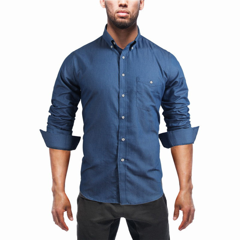 Men's Denim Shirts Long Sleeve Turn-down Collar Fashion Slim Fit Style Dark Jeans Men Shirt European Size DHY3151 - CelebritystyleFashion.com.au online clothing shop australia