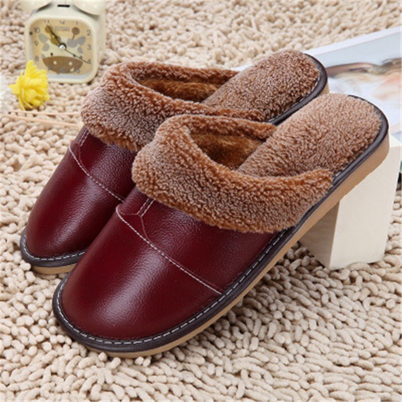 High Quality Winter Warm Home Slippers Couples Genuine Cow Leather Leisure Lamb Wool Cow Muscle Women Men Indoor Floor Slippers - CelebritystyleFashion.com.au online clothing shop australia