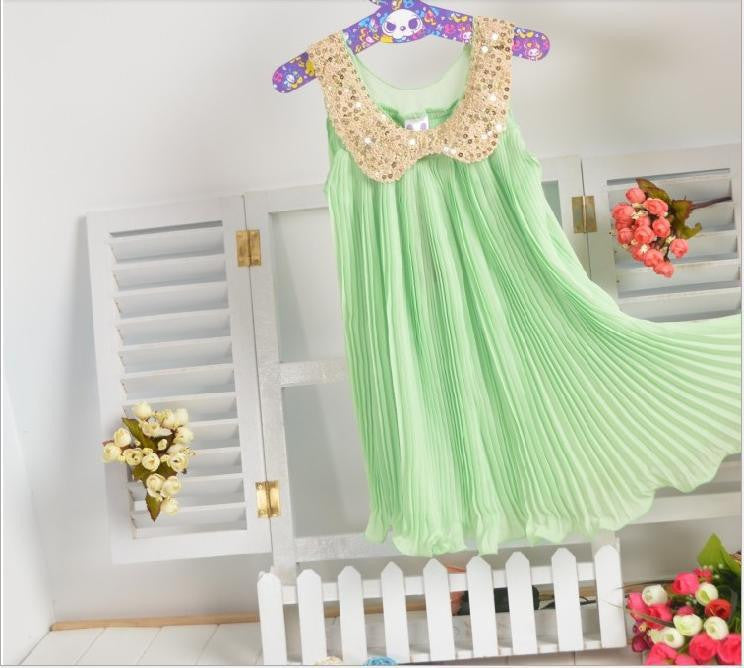 Summer Girls Pleated Chiffon One-Piece Dress With Paillette Collar Children Colthes For Kids Baby, Pink/Green - CelebritystyleFashion.com.au online clothing shop australia