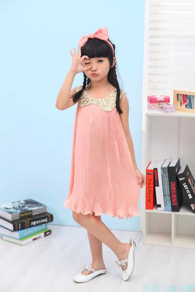 Summer Girls Pleated Chiffon One-Piece Dress With Paillette Collar Children Colthes For Kids Baby, Pink/Green - CelebritystyleFashion.com.au online clothing shop australia