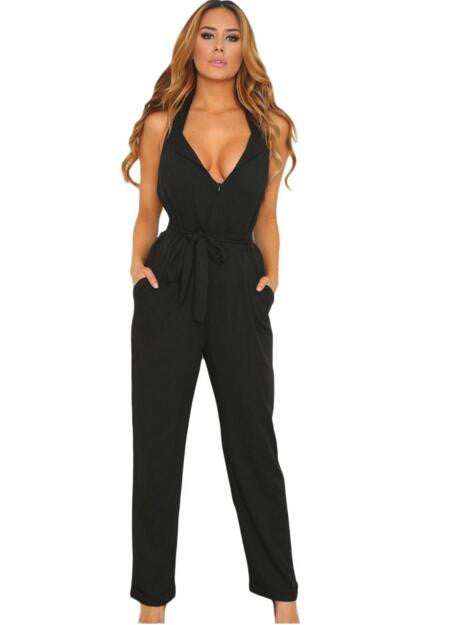 Jumpsuit Long Pants Women Rompers Sleeveless 2XL V-neck Belt Solid Sexy Night Club Elegant Slim Jumpsuits Overalls - CelebritystyleFashion.com.au online clothing shop australia