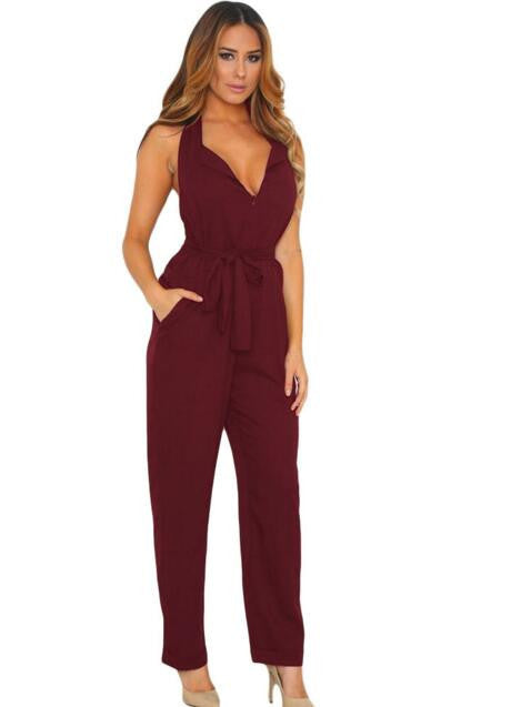 Jumpsuit Long Pants Women Rompers Sleeveless 2XL V-neck Belt Solid Sexy Night Club Elegant Slim Jumpsuits Overalls - CelebritystyleFashion.com.au online clothing shop australia