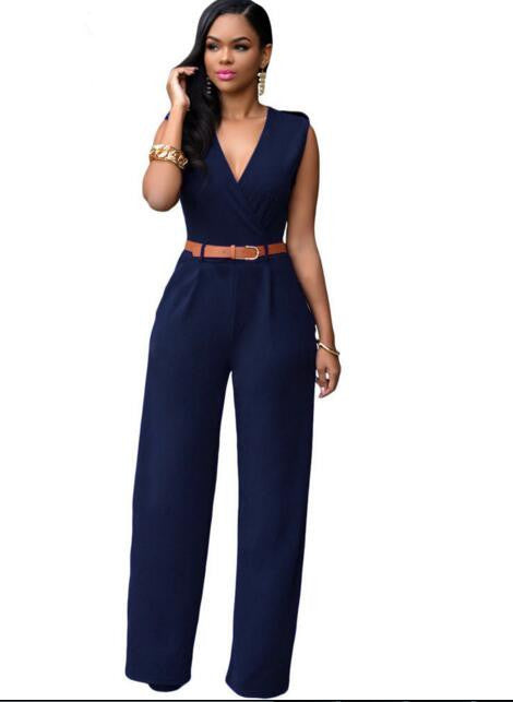 Jumpsuit Long Pants Women Rompers Sleeveless 2XL V-neck Belt Solid Sexy Night Club Elegant Slim Jumpsuits Overalls - CelebritystyleFashion.com.au online clothing shop australia