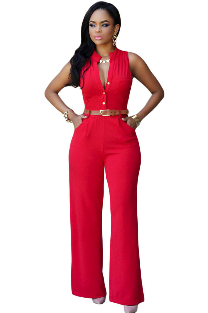 Jumpsuit Long Pants Women Rompers Sleeveless 2XL V-neck Belt Solid Sexy Night Club Elegant Slim Jumpsuits Overalls - CelebritystyleFashion.com.au online clothing shop australia