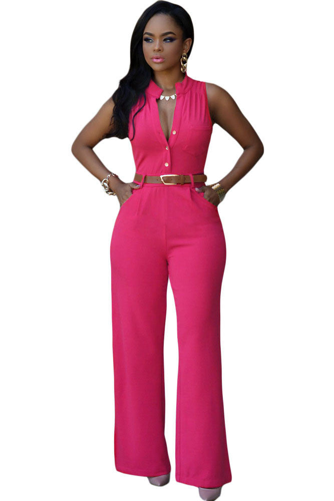 Jumpsuit Long Pants Women Rompers Sleeveless 2XL V-neck Belt Solid Sexy Night Club Elegant Slim Jumpsuits Overalls - CelebritystyleFashion.com.au online clothing shop australia