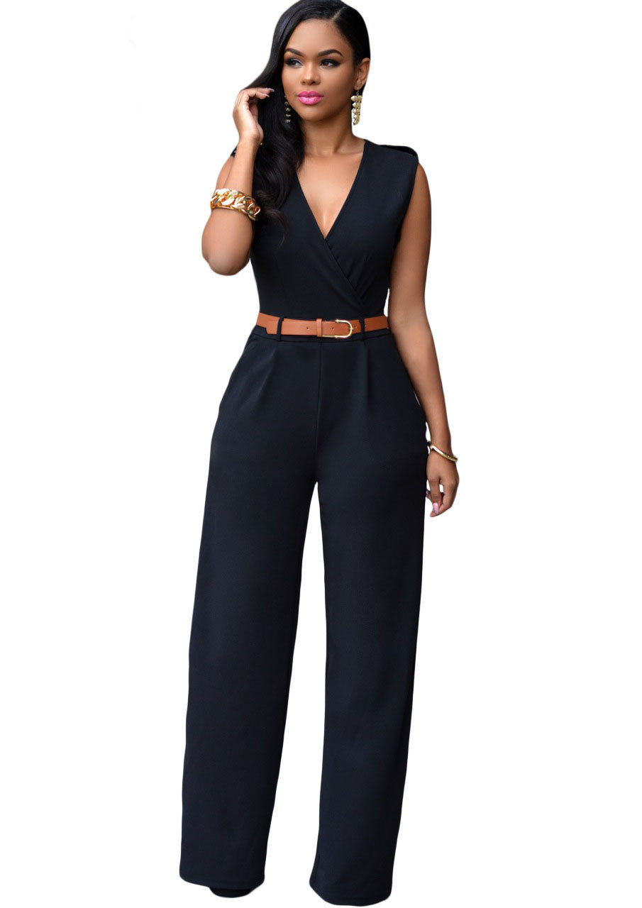 Jumpsuit Long Pants Women Rompers Sleeveless 2XL V-neck Belt Solid Sexy Night Club Elegant Slim Jumpsuits Overalls - CelebritystyleFashion.com.au online clothing shop australia