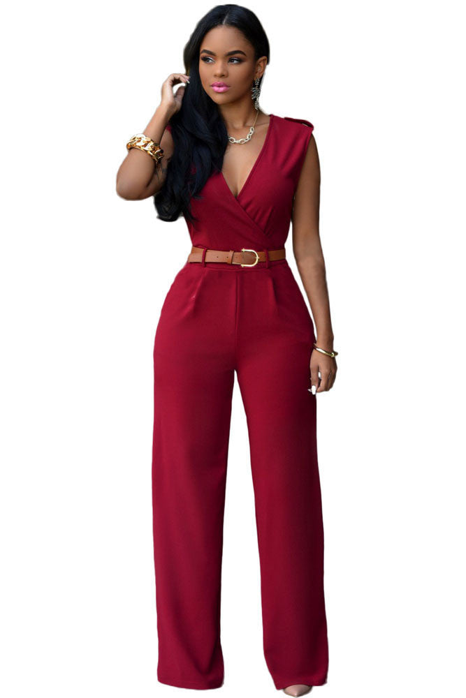 Jumpsuit Long Pants Women Rompers Sleeveless 2XL V-neck Belt Solid Sexy Night Club Elegant Slim Jumpsuits Overalls - CelebritystyleFashion.com.au online clothing shop australia