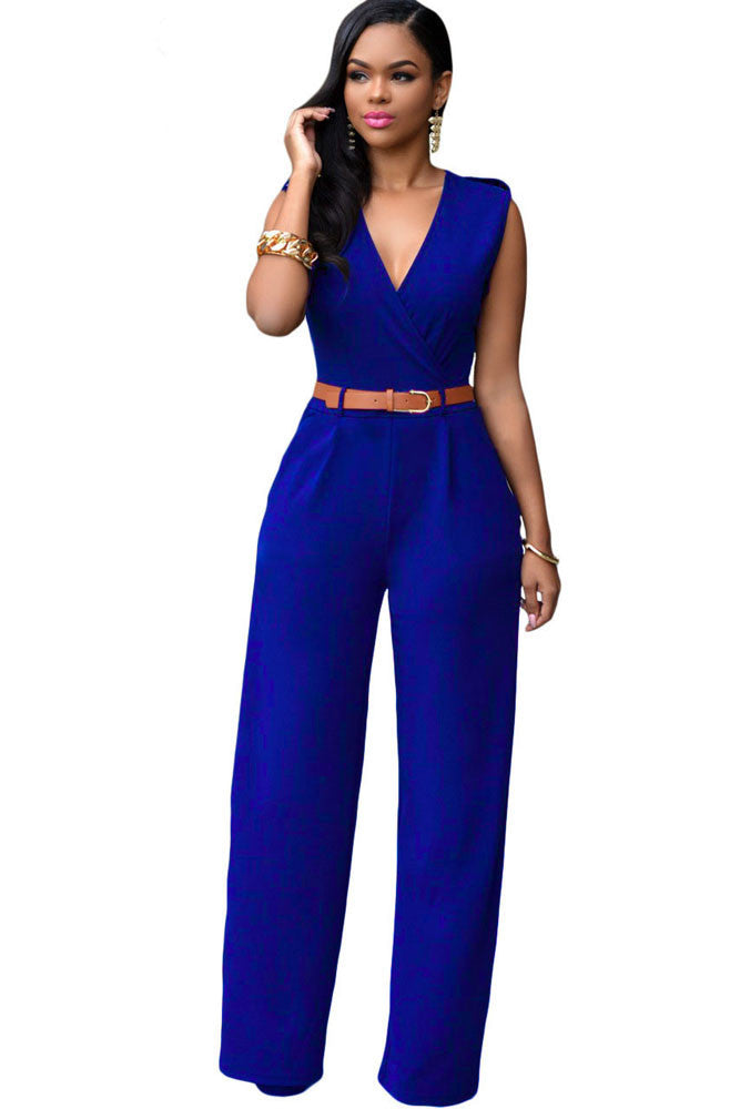 Jumpsuit Long Pants Women Rompers Sleeveless 2XL V-neck Belt Solid Sexy Night Club Elegant Slim Jumpsuits Overalls - CelebritystyleFashion.com.au online clothing shop australia