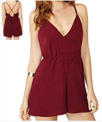 New Deep V-Neck Jumpsuit Sexy Spaghetti Strap Backless Chiffon Red Rompers Shorts Pants - CelebritystyleFashion.com.au online clothing shop australia