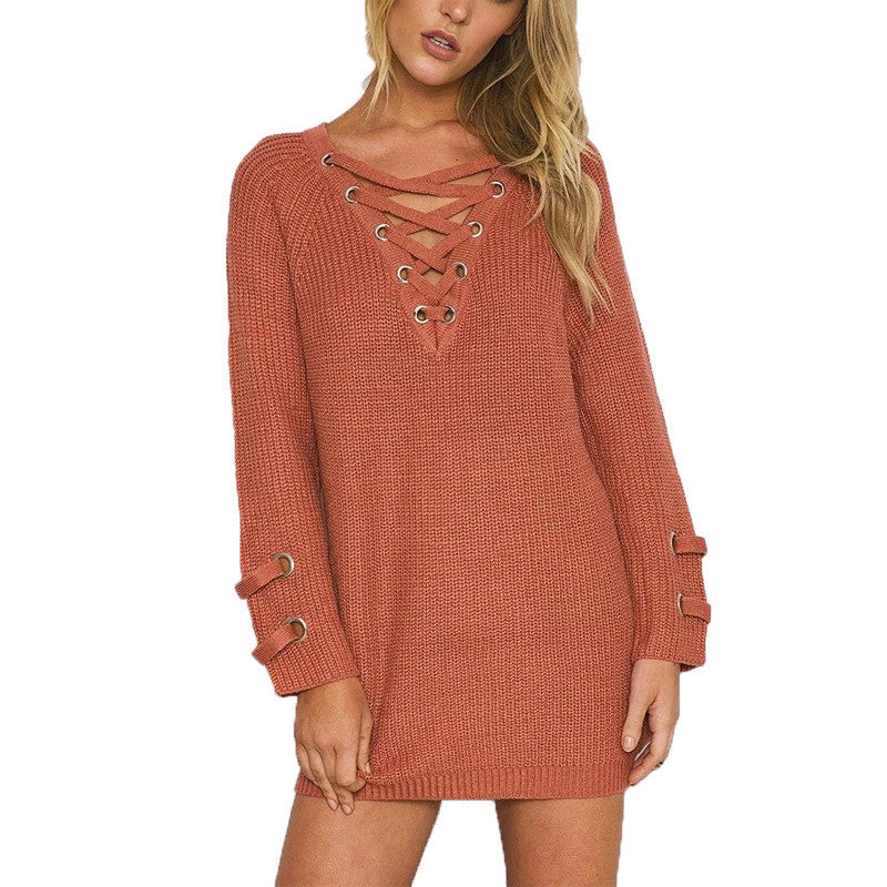 Fashion Knitted Sweater Women winter sexy V-NECK long sleeve Lace up long pullover ladies causal solid loose top plus size - CelebritystyleFashion.com.au online clothing shop australia