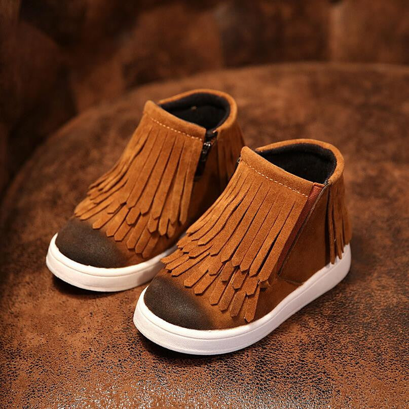 Spring Autumn Winter child/girl/kid motorcycle boots nubuck leather martin boots fringe flats shoes zip solid color short boots - CelebritystyleFashion.com.au online clothing shop australia