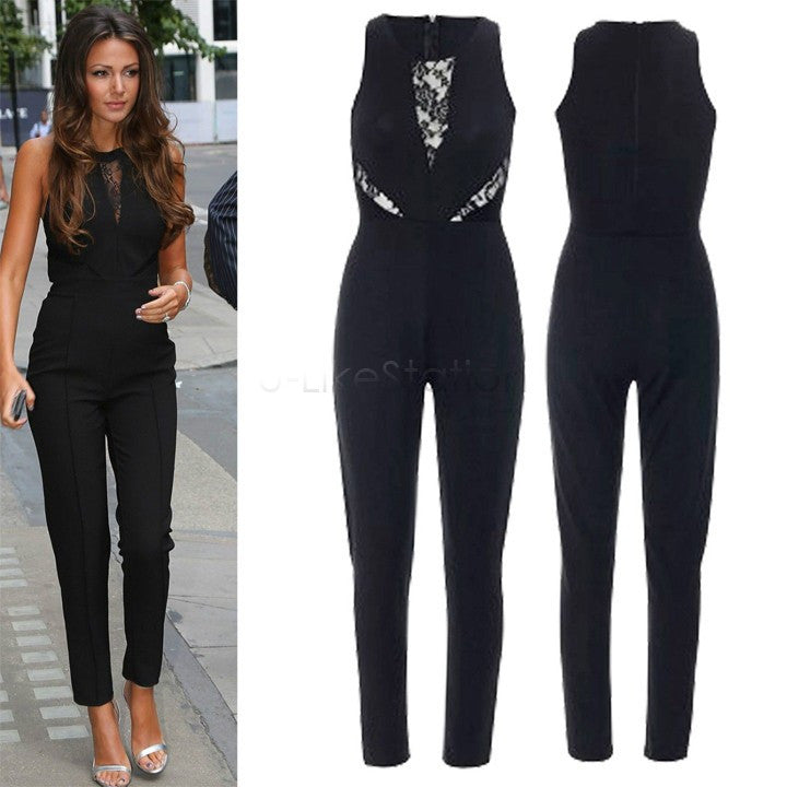 Rompers Womens Jumpsuits Sexy Black Bodycon Jumpsuit Sleeveless Slim Overalls for Women Lace Splicing Long Pants Playpuit - CelebritystyleFashion.com.au online clothing shop australia