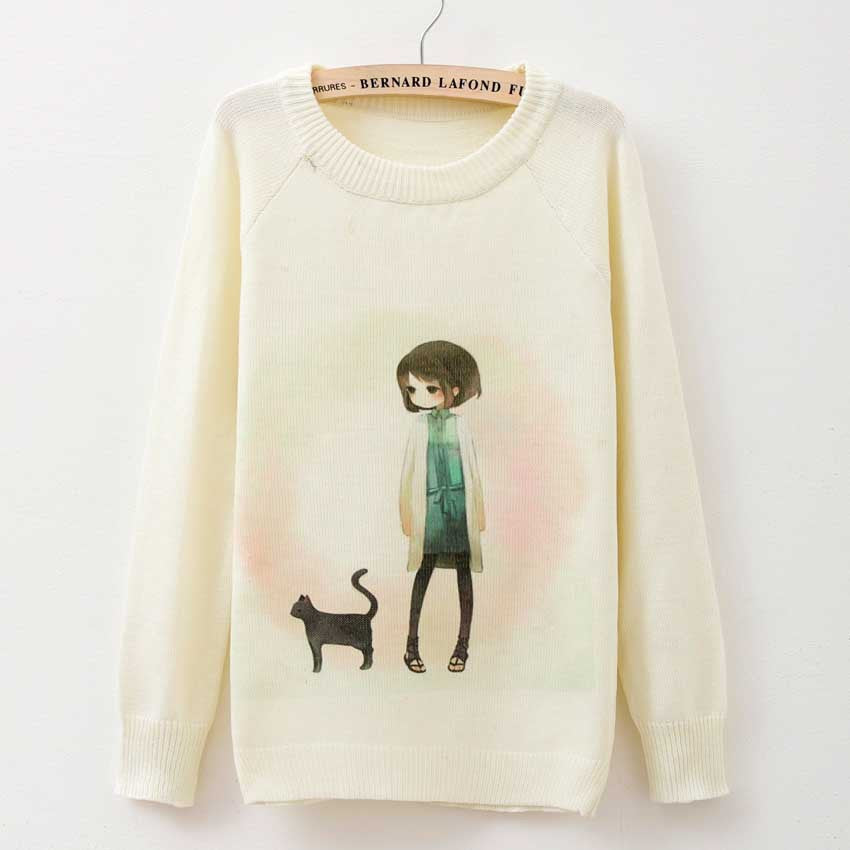 Cat party print Harajuku Wool Blend Brand Knitwear Sweaters Women's Pullover O-neck Long Sleeve fashion Slim Knitted Clothing - CelebritystyleFashion.com.au online clothing shop australia