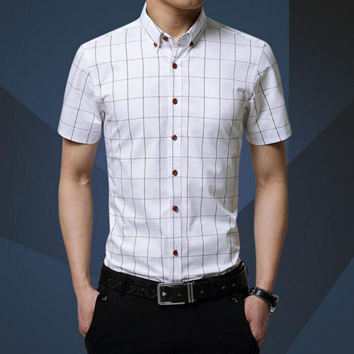 Casual Men Shirt New Plaid Short-sleeved Men's Shirts Slim Fit Cotton Fashion Social Chemise Homme 5XL MC0369 - CelebritystyleFashion.com.au online clothing shop australia