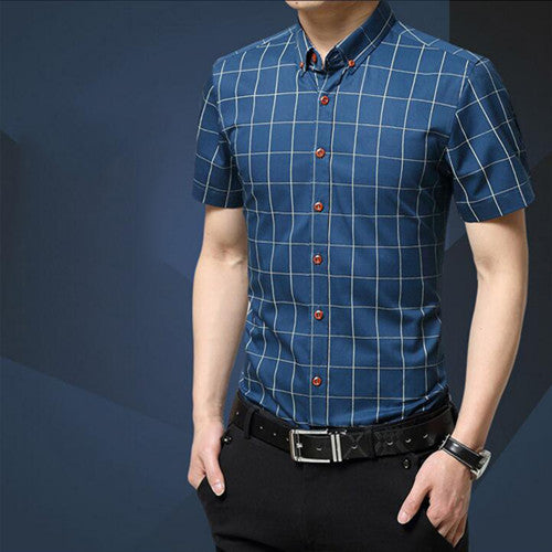 Casual Men Shirt New Plaid Short-sleeved Men's Shirts Slim Fit Cotton Fashion Social Chemise Homme 5XL MC0369 - CelebritystyleFashion.com.au online clothing shop australia