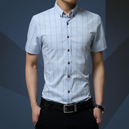 Casual Men Shirt New Plaid Short-sleeved Men's Shirts Slim Fit Cotton Fashion Social Chemise Homme 5XL MC0369 - CelebritystyleFashion.com.au online clothing shop australia