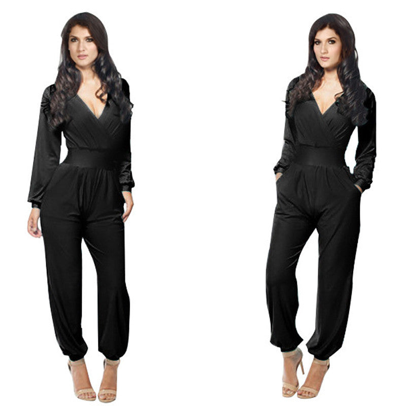 Elegant Rompers Women Jumpsuit Deep V-neck Bodysuit With Pockets Plus Size Overalls For Women Elegant Long Sleeve Jumpsuits - CelebritystyleFashion.com.au online clothing shop australia