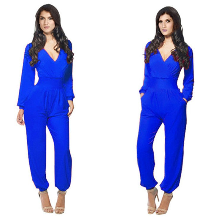 Elegant Rompers Women Jumpsuit Deep V-neck Bodysuit With Pockets Plus Size Overalls For Women Elegant Long Sleeve Jumpsuits - CelebritystyleFashion.com.au online clothing shop australia