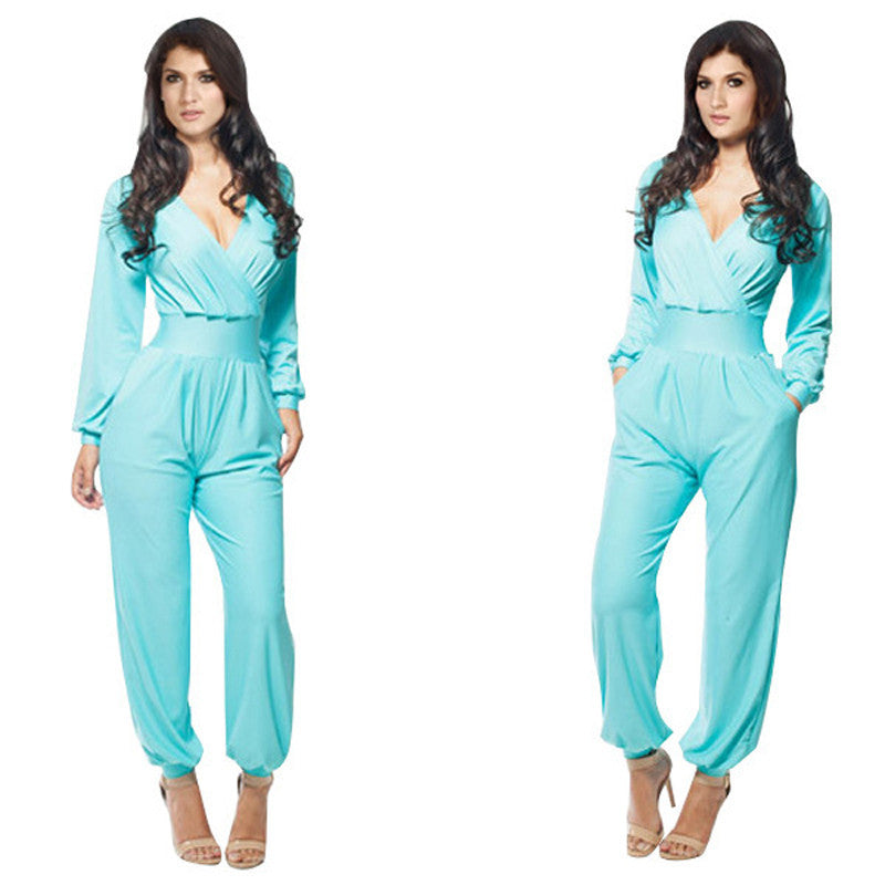 Elegant Rompers Women Jumpsuit Deep V-neck Bodysuit With Pockets Plus Size Overalls For Women Elegant Long Sleeve Jumpsuits - CelebritystyleFashion.com.au online clothing shop australia