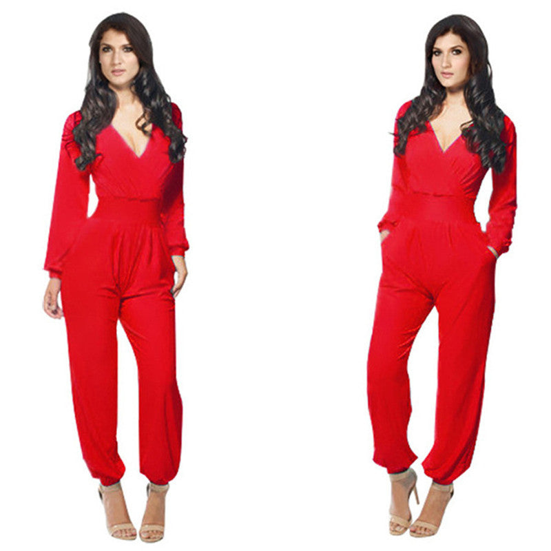 Elegant Rompers Women Jumpsuit Deep V-neck Bodysuit With Pockets Plus Size Overalls For Women Elegant Long Sleeve Jumpsuits - CelebritystyleFashion.com.au online clothing shop australia