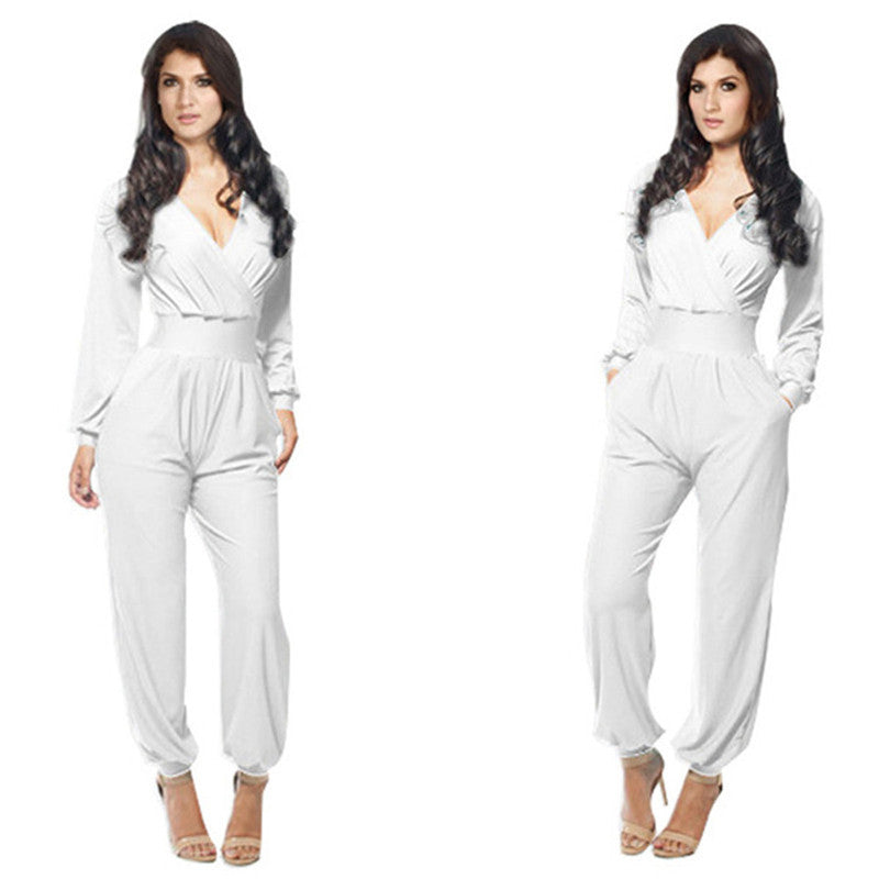 Elegant Rompers Women Jumpsuit Deep V-neck Bodysuit With Pockets Plus Size Overalls For Women Elegant Long Sleeve Jumpsuits - CelebritystyleFashion.com.au online clothing shop australia