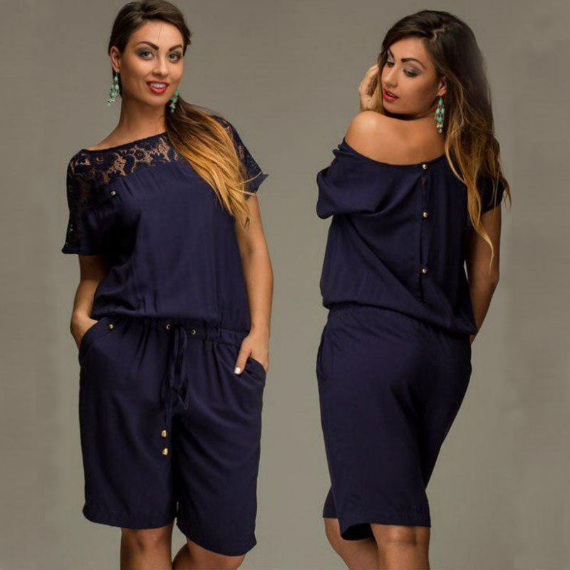 Women Summer Jumpsuits & Rompers L-6XL Plus Size Lace Short Sleeve Buttons Loose Lace Shorts Overalls Female M0233 - CelebritystyleFashion.com.au online clothing shop australia