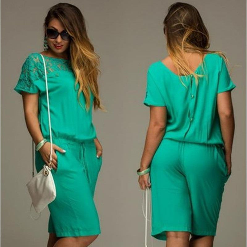 Women Summer Jumpsuits & Rompers L-6XL Plus Size Lace Short Sleeve Buttons Loose Lace Shorts Overalls Female M0233 - CelebritystyleFashion.com.au online clothing shop australia