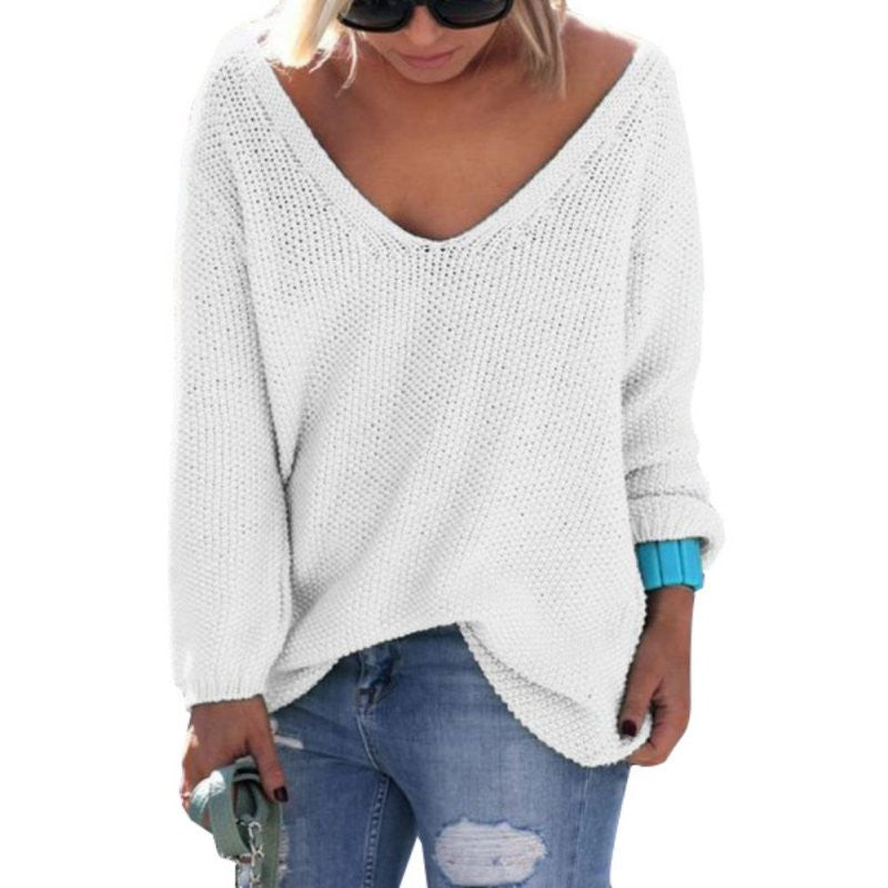 Womens Cute Elegant V Neck Loose Casual Knit Sweater Pullover Long Sle