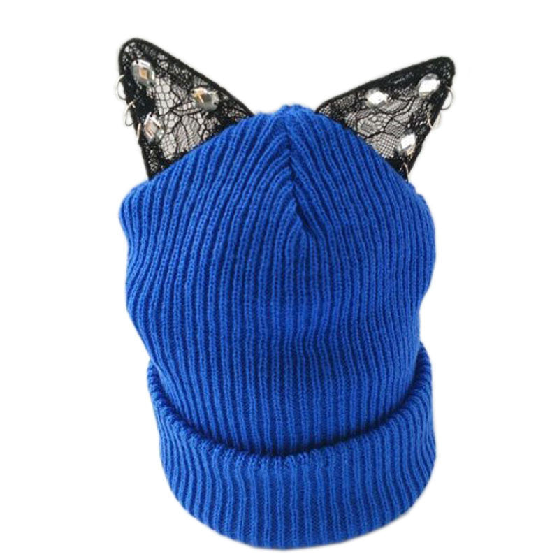 Winter Beanie Devil Cat Ear Lace Diamond Hat Crochet Braided Gorro Elastic Knitted Warm Ski Cap Beret Women Beanies 1MZ0500 - CelebritystyleFashion.com.au online clothing shop australia