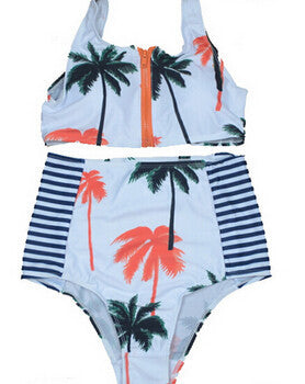New Print Floral Palm Tree Bikini Set,High Neck Tank Zipper Striped Swimsuit Padded Bra High Waist Swimwear Vintage Bathing Suit - CelebritystyleFashion.com.au online clothing shop australia