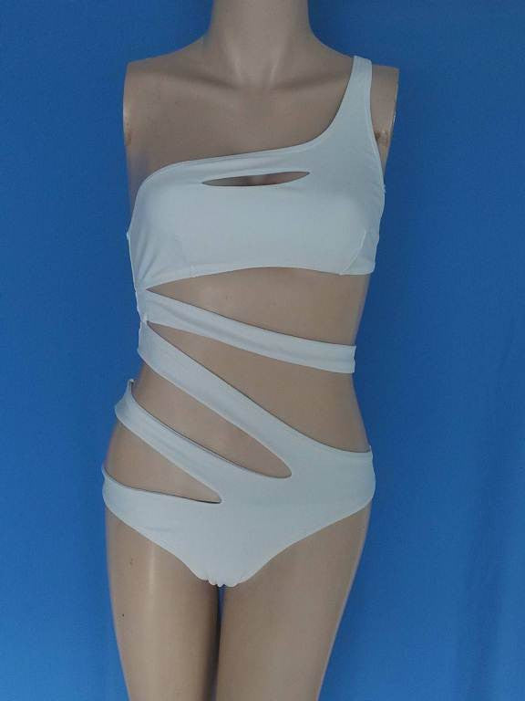 Sexy One Piece Swimsuit Bandage For Women Solid White and Blue One shoulder Cut Out Monokini Swimwear Bathing Suit bodysuit - CelebritystyleFashion.com.au online clothing shop australia