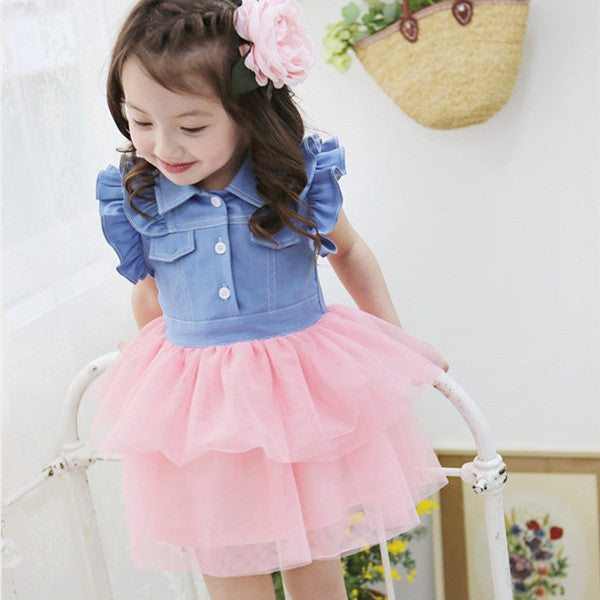 Cute Kids One Piece Dress Girls Ruffled Denim Gauze Tutu Clothes For 2-7Y 2 Colors - CelebritystyleFashion.com.au online clothing shop australia